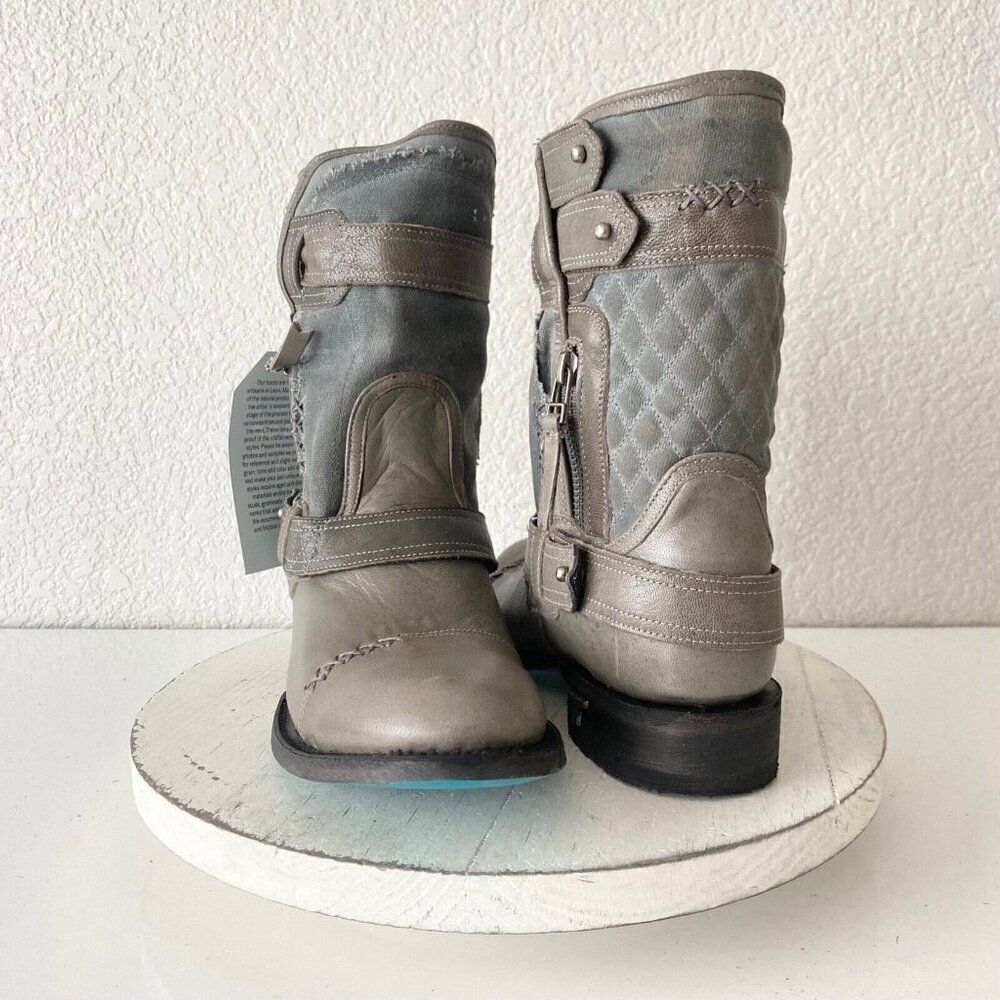 Lane Boots Womens Gray Leather Canvas Mid-Calf Western Moto Style Zip Size 7.5